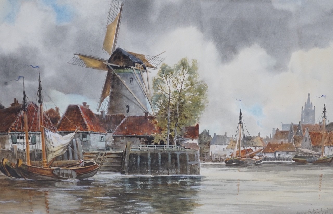 Louis Van Staaten (1836-1909), watercolour, Dutch Canal scene, signed, 34 x 52cm, a watercolour of Barcombe Mills, Sussex, by F.G. Fraser and a watercolour of The Mist Rocks, Hastings, by another hand